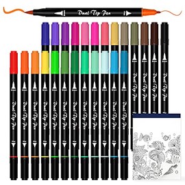 Dual Tip Brush Pens Art Markers, Shuttle Art 25 Colors Fine and Brush Dual Tip Markers Set with 1 Coloring Book for Kids Adult Artist Calligraphy Hand Lettering Journal Doodling Writing
