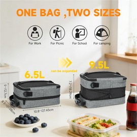 Kato Tirrinia Expandable Insulated Lunch Bag, 16L Large Lunch Cooler Bag with Shoulder Strap for Men and Women, Leakproof Lunch Box Bag, Suitable for Work School Picnic Camping Beach Travel,Gray