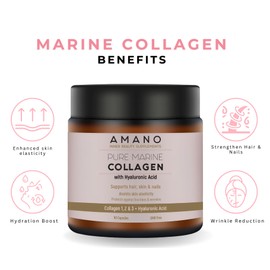 AMANO BEAUTY Pure Marine Collagen Supplement -Hydrolyzed Marine Collagen with Hyaluronic Acid and Vitamin C - GMO-Free, Supports Skin, Hair, Nails, and Joint Health - 30-Day