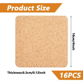 16 PCS 3 mm Cork Coasters, Cork Coaster, Cork Mat, Wooden Coasters, Cork Mats Thick Wooden Cork Coasters Absorbent Square Cork Drink Coasters Mats 4 X 4 Inch Cork Coasters