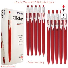 ZOFAX Clicky 50 x 0.7mm RED Retractable Fine Ballpoint Pens Comfort Grip Smooth Writing - Business Hospital School Office Business Ideal