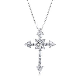 LibreLumos Moissanite Cross Necklace for Women, Christian Cross Moissanite Pendant, D Color VVS1 925 Sterling Silver Gifts for Women and Men, 16+2 "Chain, Sterling Silver, Moissanite