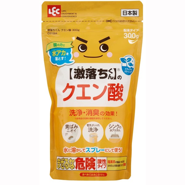 LEC [Gekiochi-kun] Citric Acid Powder Type 10.6 oz (300 g) / Removes Water Stains with the Power of Acid/Also for Dirt in Electric Pots, Sinks, and Toilets