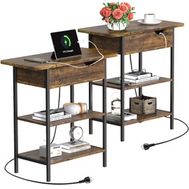 EasyCom End Table with Charging Station Set of 2, Small 3 Tier Side Bed Table with USB Ports and Outlets, Narrow Bedside Desk for Living Room, Flip Top, Open Shelves