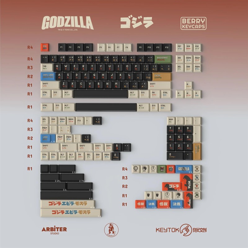 Keytok Berry Low-Profile Black Classic Godzilla Keycaps 173pcs / Set