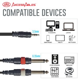 AxcessAbles 1/8 Stereo Male Mini-Jack to Dual 1/4 TS Audio Cable - 10ft | 1/8 TRS to Dual TS Mono Y-Splitter Cable | 3.5mm Stereo Mini-Jack to 2 TS Male | AxcessAbles TRS18-D14TS109 10ft