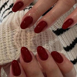 GLAMERMAID Press on Nails Oval,Dark Red Medium False Nails with Adhesive Tabs,24 Pcs Glossy Oval Short Glue on Nails for Women,Reusable Acrylic Stick on Nails for Gift