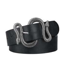 Alphyly Neries Snake Belt, Women’s Black Faux Leather Fashion Belt, Silver Buckle, 43” Long, Fits Waist Sizes 33-36”