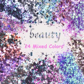 TEUVO Holographic Face Glitter for Body, Eyes and Lips, Chunky Cosmetic Glitter for Hair Decoration, Nail Art and DIY, 24 Mixed Colors