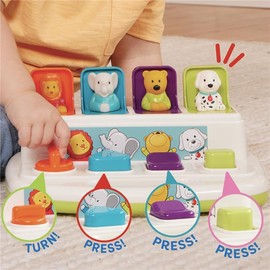 Battat - Gli Amici Pop-up - Giocattolo Causa-Effetto - 4 Animali Pop-up - Giocattolo per Lo Sviluppo con Pulsanti e Colori - per Bambini, Ragazzi e Neonati - 18 Mesi +