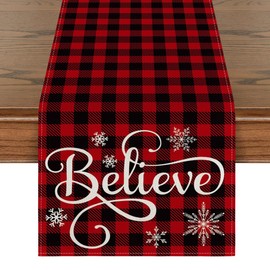 Artoid Mode Red and Black Buffalo Plaid Believe Table Runner, Seasonal Winter Christmas Holiday Kitchen Dining Table Decoration for Indoor Outdoor Home Party Decor 13 x 90 Inch