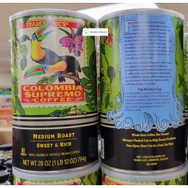 Trader Joe's2 Columbia Supremo Coffee Bean Medium Roast Sweet & Rich 28oz 794g (Two Cans)