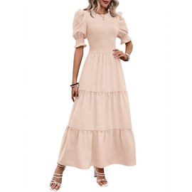 BTFBM Women Casual Spring Summer Smocked Maxi Dress Crew Neck Short Sleeve Tiered Ruffle Flowy Beach Vacation Dresses(Solid Beige, Medium)