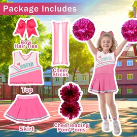 Kitimi Cheerleader Costume Children's Girls Children's Costume Cheerleading Outfit Girls School Child Uniform Crop Tops with Skirt Pompoms Hair Scrunchie Cheer Sticks for Carnival Fancy Dress Party