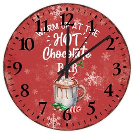 Warm Up at The Hot Cocoa Station Small Wall Clock 15 Inch, Restroom Bar Pub Club Cafe Home Restaurant Wooden Hanging Clock Battery Operated Silent Non-Ticking Round Clock for Living Room