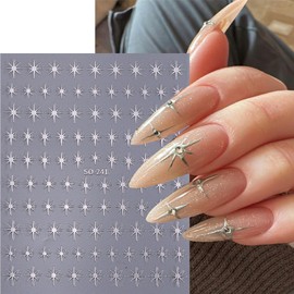 6Pcs Star Nail Stickers for Nail Art 3D Self-Adhesive Shiny Black White Gold Silver Moon Stars Nail Art with Rhinestones Design Star Stickers Glitter Starlight Nail Decals for Women Girl Manicure Kit