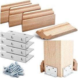 Blulu 1 Set 3-1/2" Newel Post Mounting Kit 4 Pcs L Bracket Metal Post Anchor with 4 Pcs Red Oak Wooden Trim Deck Base Fasteners for Fastening Handrails Balustrades to Stairs and Floors