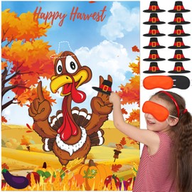 Upgraded, Funny Thanksgiving Games, for Kids, Fall Festival Games, Pin The Hat on The Turkey, Classic Design, with Premium Poster, Reusable Stickers, Eye Mask, Ideal Friendsgiving Party Decorations