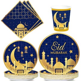 Ramadan Eid Mubarak Backrop Table Runner Tableware Set - Cups, Plates and Napkins Eid Celebrations (Eid Tableware Set Blue)