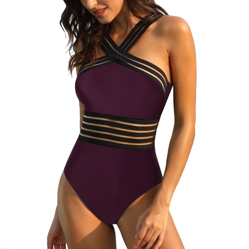 Hilor Women's One Piece Swimwear Front Crossover Swimsuits Hollow Bathing