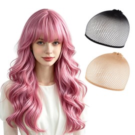 Long Pink Wigs for Women with Fringe, 65cm Curly Hair Long Wigs for Women