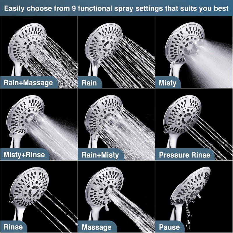 BRIGHT SHOWERS 9 Spray Settings Shower Head with Handheld High