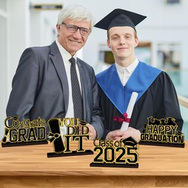 4Pcs Black and Gold Graduation Decorations Class of 2025 Congrats Grad Wooden Table Centerpieces Grad Table Toppers Congratulate Tiered Tray Decor for 2025 Graduation Decorations