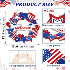 Patriotic Welcome Door Wreath Sign, 4th of July Decorations, Red White Blue Stars and Hearts Wooden Signs, American Flag USA Independence Day Wall Hanging Sign for Memorial Day Home Front Door Decor