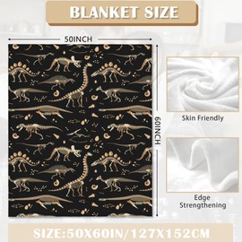 Dinosaur Fossil Skeleton Throw Blanket Soft Warm Cozy Lightweight Flannel Blanket for Bedding Sofa Travel 50"X60"