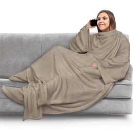 PAVILIA Fleece Blanket with Sleeves, Foot Pockets for Women Men Adults, Plush Wearable Blanket Throw Wrap, Warm Snuggle Blanket Robe, Cozy Gift Ideas Wife Mom, Taupe Beige