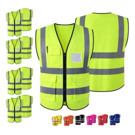 Chaleco Seguridad Trabajo Industrial Brigadista Reflectante Tiras Unisex Bolsillos Multifuncionales Cierre Industria Alta Visibilidad 5pzs Protección Verde