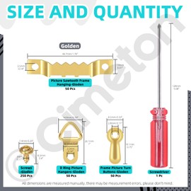 Cimeton 401Pcs Gold Picture Hanging Kit Include Saw Tooth Picture Hangers, Photo Frame Turn Buttons, Triangle Ring Picture Hangers with Screws and Screwdriver for Hanging Pictures Photos