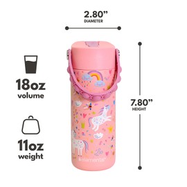 Elemental Insulated Kids Water Bottle, Stainless Steel Water Bottle with Straw Lid & Pop-It Handle, Leak-Proof Water Bottles for School, Boys or Girls, Travelling and Sports, 18oz - Pink Unicorn
