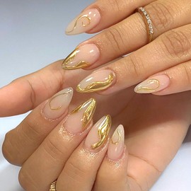 Almond Press on Nails Short Fake Nails with Gold Iirregular Pattern Design Glue on Nails Nude Full Cover Glossy Artificial Stick on Nails for Women 24 Pcs