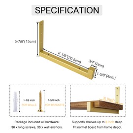 OVOV 6 Pack Heavy Duty Shelf Brackets Wall Mounted Industrial Farmhouse Floating Shelf Brackets with Lip (Gold 8")
