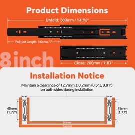 ToBeGreat 1 Pair Side Mount Drawer Slides Rails 8 Inch 100 LB Load Capacity,2/3 Full Extension Ball Bearing Metal Replacement Dresser Runners Cabinet Trash Can Slider Kitchen Glides (Black,204mm)