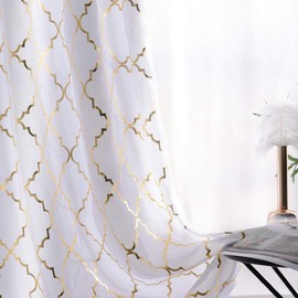 YJ YANJUN White Sheer Curtains 84 inches Long Trellis Gold Foil Curtains for Living Room Bedroom Set of 2 Panles, 52 x 84 inch