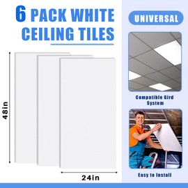 Frienda 6 Pcs 2ft X 4ft Drop Ceiling Tiles PVC Smooth Ceiling Panel Easy Drop in Installation for Waterproof Washable and Fire Rated to Prevent Breakage (White)