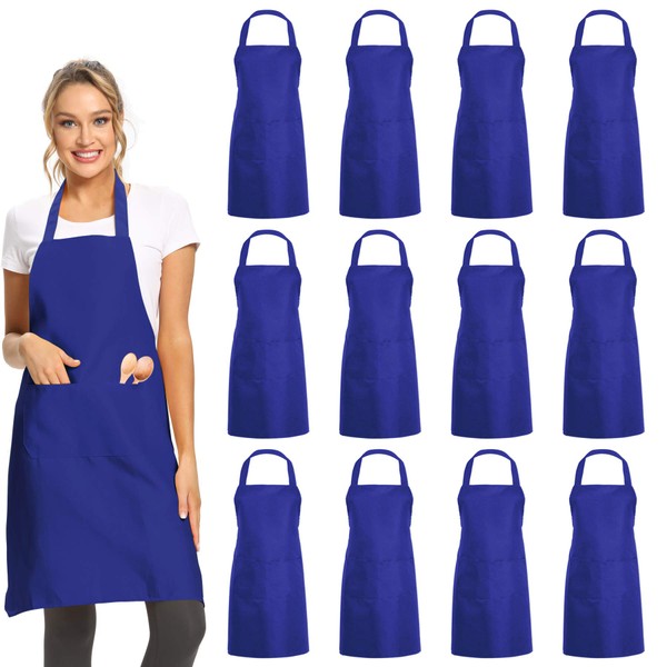 DUSKCOVE 12 Pack Plain Bib Aprons with 2 Pockets - Blue Unisex Commercial Apron Bulk for Kitchen Cooking Restaurant BBQ Painting Crafting