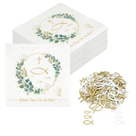 LINTRA 80 Kommunion Servietten, 16,5 x 16,5 cm Hochzeitsservietten mit 90 Fischdekorationen Servietten Kommunion Eukalyptus – für Abendmahls- und Hochzeitsfeiern