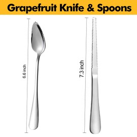HyperSpoon 5 Pack Grapefruit Spoons & 1 Grapefruit Knife, Stainless Steel Flatware Set Serrated Edges, Cutting Utensil Kitchen with Titanium Plating for Fruit Kiwi Orange, Silver