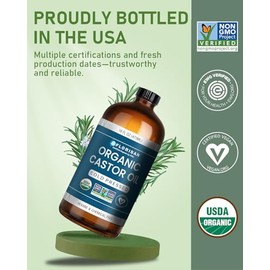 Florisan Aceite de ricino orgánico certificado por USDA, botella de vidrio de 16 onzas, prensado en frío, sin hexano, sin OMG, vegano, 100% puro aceit