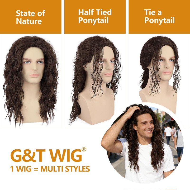 Long Brown Curly Wig for Men Heat Resistant Synthetic Male