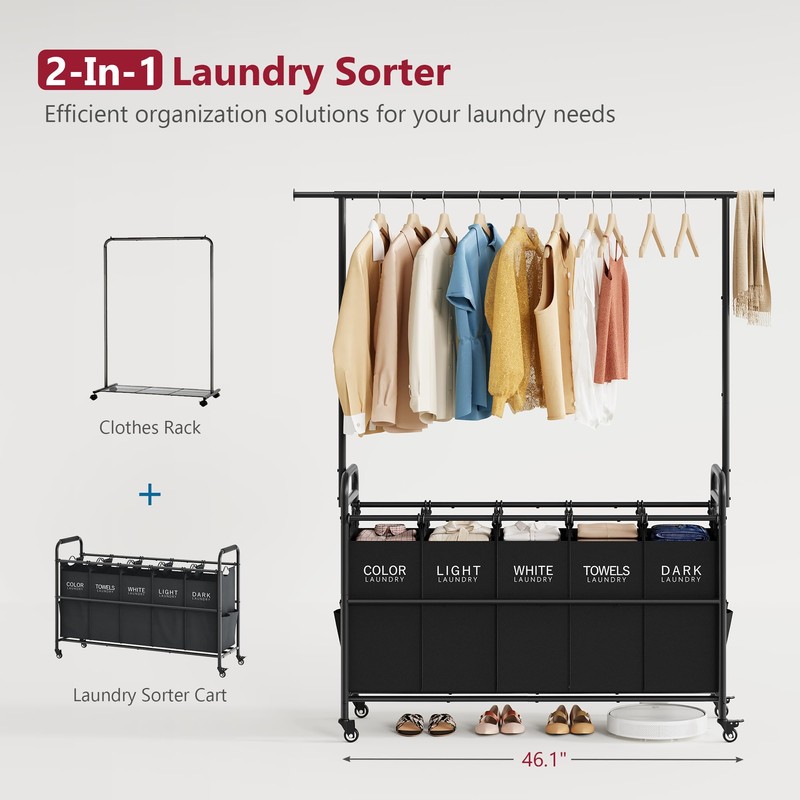 Tajsoon Laundry Sorter with Hanging Rack, Laundry Sorter 5 Sections,