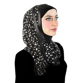 Middle Eastern Mall Stylish Mona Hijab Women's Kuwaiti with Wrap Shawl & Satin Trim (Silver Stars)