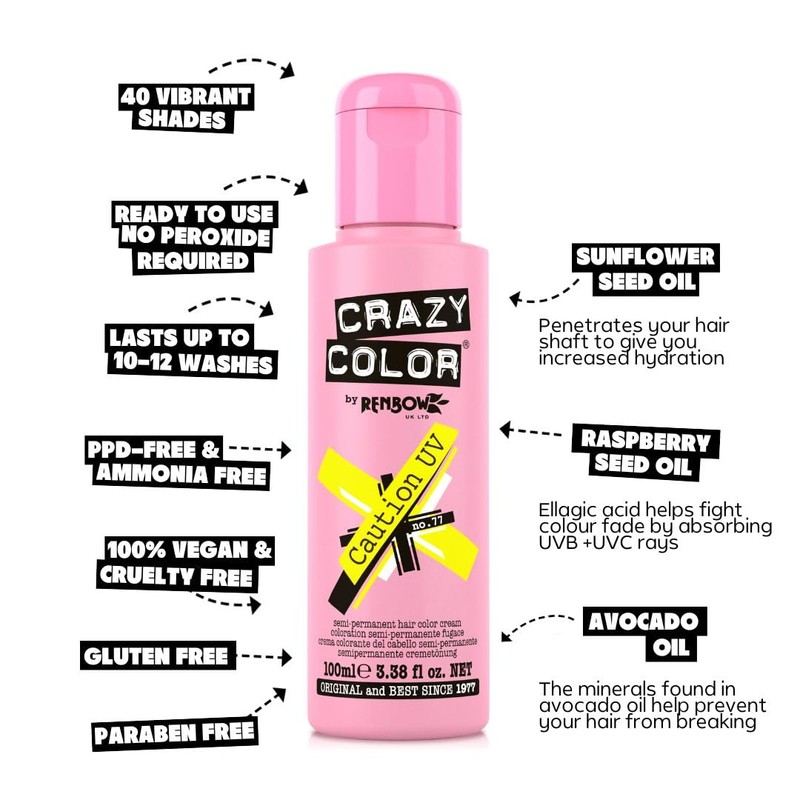 Crazy Color Caution UV Semi-Permanent Hair Dye. Highly Pigmented Neon