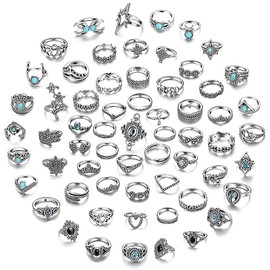 62PCS Vintage Knuckle Rings Set,Kucheed Bohemian Stackable Midi Finger Rings for Women Girls Men,Fashion Silver Rings Crystal Joint Rings,Retro Punk Hollow Carved Flowers Statement Rings Jewelry