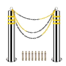 Safety Bollard Traffic Delineator Post, 32" Stainless Steel Posts with Reflective Strips, 16Ft Chain, 8 Anchor Bolts - Parking Bollard for Traffic Control, Driveway Barrier (2, 32"H*3.15"D)