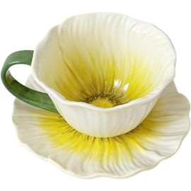 ONEUSTAR Ceramic Flower Shaped Tea Cup and Saucer Set, Yellow, 10 oz
