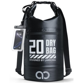 Lamicall Waterproof Dry Bag (5L/10L/20L/30L/40L), Waterproof Bag with Included Waterproof Phone Pouch, Adjustable Strap, Drybag for Boat Swimming Canoe Fishing Rafting Snowboarding - Black(20L)